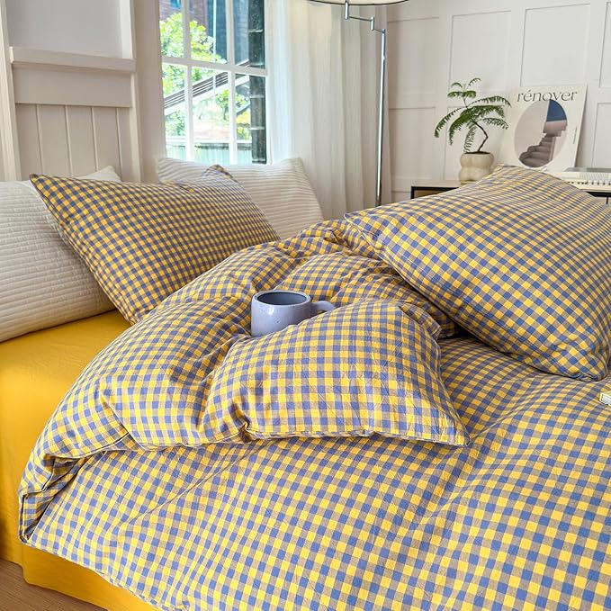 LifeTB Gingham Comforter Set King Modern Style Checkered Plaid Printed Bedding Comforter Set 3 Pieces Boho Grid Comforter King Fluffy Soft Purple Yellow Gingham Bedding Comforter with 2 Pillowcases