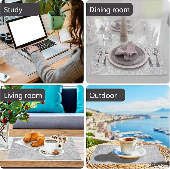 JUCCWARM Faux Leather Placemats Set of 6,Heat Resistant Placemats for Dining Table, Easy Clean Non-Slip Place Mats, Waterproof Stain Resistant Wipeable Washable PU Table Mats, (Light Grey)