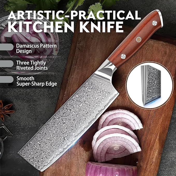 Purple Dragon Damascus Nakiri Knife, 7 Inch Meat Cleaver Knife VG10 Steel Kitchen Knives for Cutting Vegetables Chopping Meat Razor-Sharp Chef's Knives Christmas Gift for Men and Women