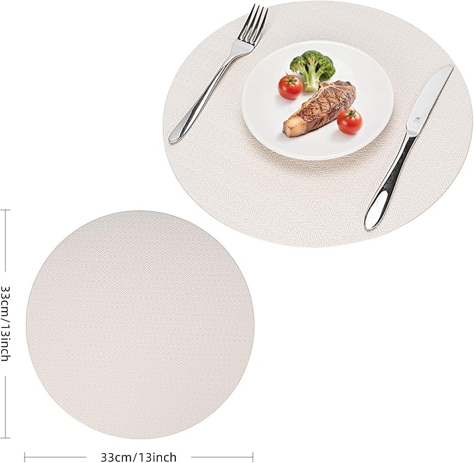 PROMATTOO Round Faux Leather Placemats Set of 6 – 13 Inch Vinyl Mats, Heat Resistant, Non Slip, Wipeable & Washable, Easy to Clean Dining Table Decor for Kitchen & Holiday Gatherings（Ivory White）