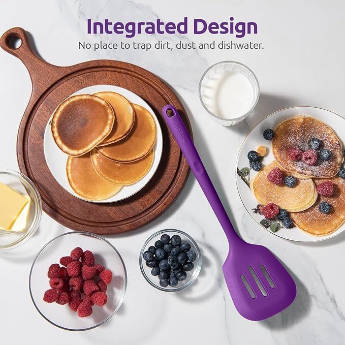 600쨘F Heat Resistant Slotted Turner: U-Taste 13.6in Silicone Kitchen Spatula Flipper, 3.74in Wide Food Grade Flexible Thin Rubber Cooking Utensil for Egg, Pancake, Cookie in Nonstick Cookware (Purple)