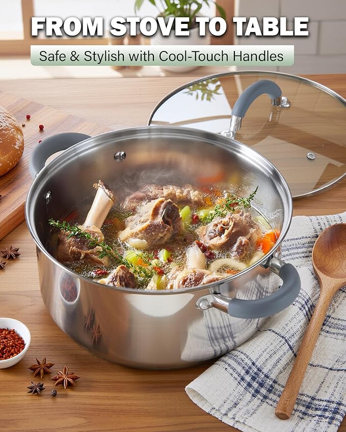 Cook N Home Stock Pot with Lid, 12-Quart Basic Stainless Steel Sauce Cooking Soup Pot, Stay-Cool Silicone Handles