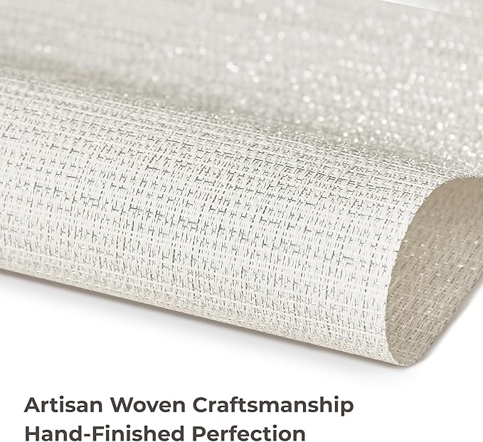 Leetaltree Luxury White and Silver Woven Placemats Set of 8 - Waterproof Washable Textured Table Mats for Wedding, Anniversary, Daily Use - Sparkling Metallic Thread Table Decor - Hand-Cut