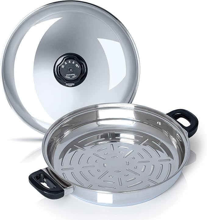 Maxam Stainless Steel 13 Inch Grill Pan, Durable Stainless Steel Construction with Heat Resistant Handle, Cover and Sear Ridges