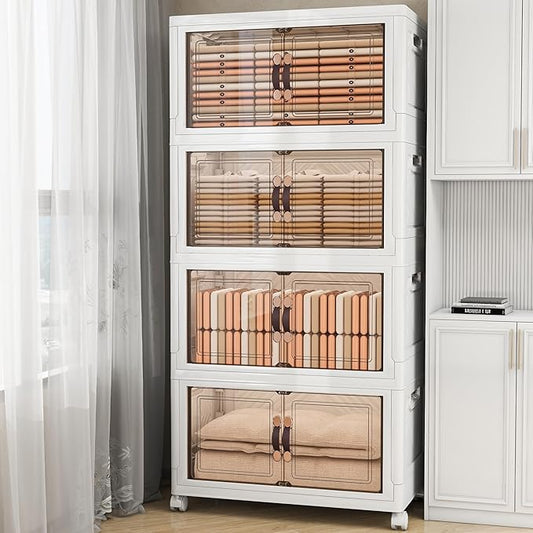 Storage Bins with Lids and Wheels, 660QT-165QT*4Tier Collapsible Bathroom Storage Cabinet with Clear Doors, Plastic Stackable Closet Organizers and Containers White