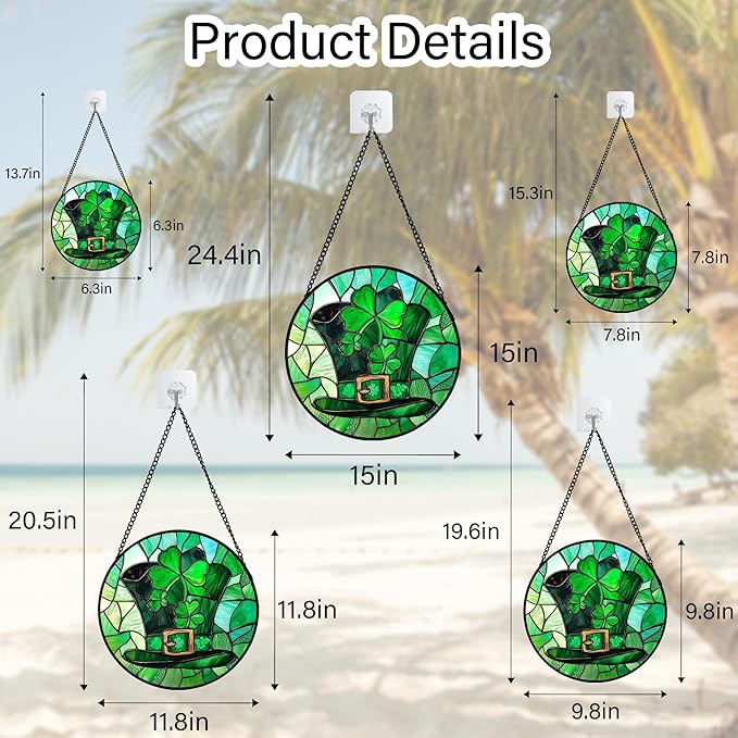 Stained Glass Window Hanging Green Lucky Clover Hat Large 11.8" - Suncatcher Door Garden Sun Catcher Ireland Decor Birthday Mother's St. Ripack's Day Gift for Woman Mom Men Friend Nana Wife