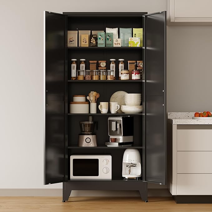 COFaR 71 in Tall Black Metal Cabinet, Metal Storage Cabinet with 4 Adjustable Shelves and Barn Doors, Farmhouse Cupboard Storage for Garage Kitchen Pantry Laundry, Black 5-Tier