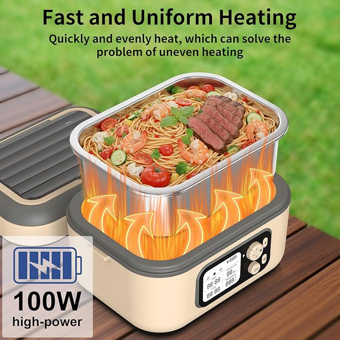 EDCREATY Cordless Electric Heated Lunch Box, 1.5L 6.3Cups 24000mAh Rechargeable Battery Self-Heating Lunch Box, Smart Timer, Even Heating, 100W Portable Food Warmer for Office, Picnic, Car, Outdoor
