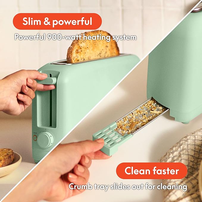 bella 2 Slice Slim Toaster, Fits-anywhere??Kitchenware, 6 Setting Shade Control with Reheat & Cancel Buttons, Fits Sourdough, 10??Long Slot, Anti Jam & Auto Shutoff, 900 Watt, Seaglass