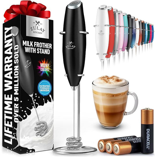 Zulay Kitchen Patented Tornado Triple Whisk Milk Frother with 4 Duracell Batteries ??Handheld Foam Maker for Coffee, Lattes, Matcha & Hot Chocolate ??Rich, Creamy Froth in Seconds