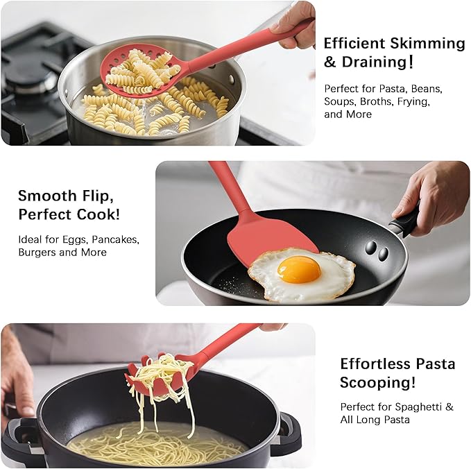 Coukre Silicone Kitchen Cooking Utensils Set with Holder ??Heat-Resistant, Food-Grade Kitchen Tools, Spatula, Spoon & Gadgets for Non-Stick Pans, Dishwasher Safe (14, PureRed)