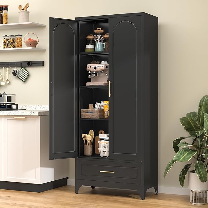 75??Kitchen Pantry Storage Cabinet,Metal Tall Storage Cabinet with Drawers and Adjustable Shelves,Modern Kitchen Hutch Cabinets,Freestanding Cupboard for Dining Room