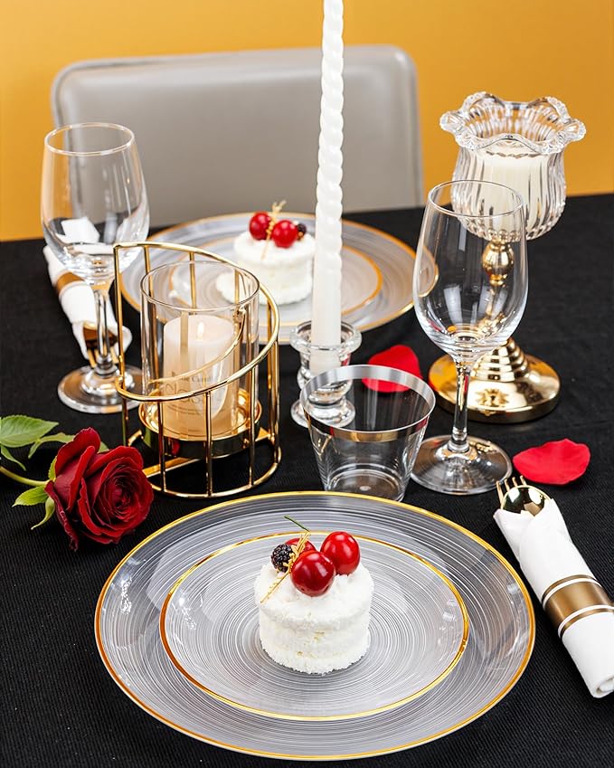Morejoy 175PCS Clear Gold Plastic Plates - Disposable Gold Party Plates & Pre Rolled Napkins with Cutlery for 25 Guests, 50Plates, 75Silverware, 25Cups, 25Napkin for Party & Thanksgiving