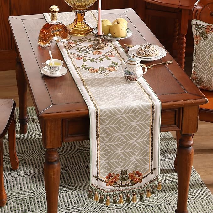 patdrea Designer French Floral Extra Long Velvet Table Runner 118 Inch Long,Green Orange Blossoms Pattern Table Mat, Decor for Kitchen Dining Coffee Table Cabinet Banquet Thanksgiving,12"*118"