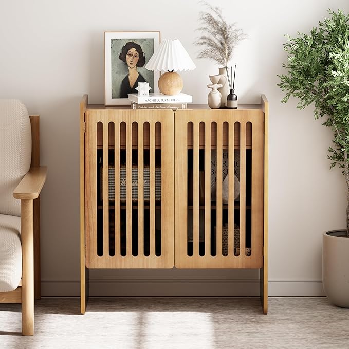COZAYH Modern 2 Door Wooden Storage Cabinet with Drawer, Mid-Century Slatted Door Accent Cabinet for Living Room or Dining Room, Magnetic Doors, Raised Legs, Natural Wood Color