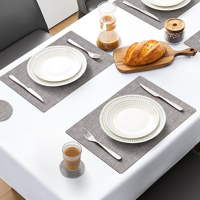 MOSAYT Placemats Set of 4, Heat Resistant Vinyl Place Mats with Coasters, 100% Waterproof Wipeable Washable Faux Leather Table Mats for Kitchen Dining Party Outdoor, 12" x 17", Light Grey