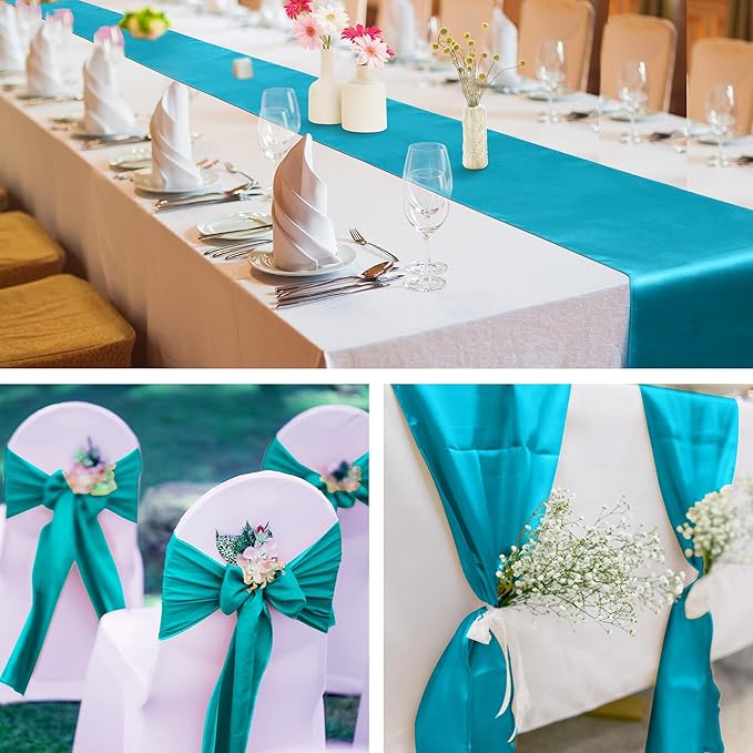 Aneco 4 Pack Satin Table Runner 12 x 108 Inch Teal Long Bright Silk and Smooth Fabric Party Table Runner for Wedding Banquet Party Decoration