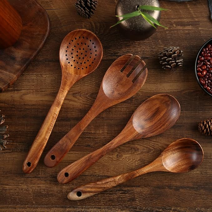 Wooden Kitchen Cooking Utensils Set, NAYAHOSE 7 Pcs Natural Teak Wooden Spoons and Spatulas for Non-stick Pan
