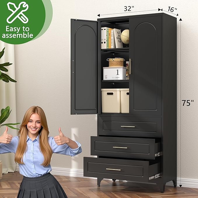 75??Tall Kitchen Pantry Cabinet,Metal Storage Cabinets with Doors and Adjustable Shelves,Modern Kitchen Hutch Cabinet,Freestanding Cupboard for Dining Room
