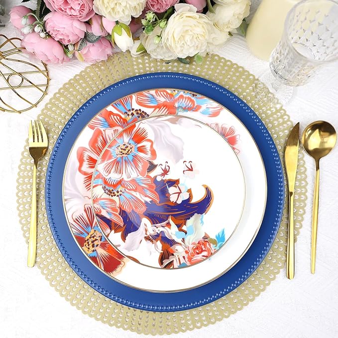 Set of 12 Plastic Blue Charger Plates, Elegant Chargers for Table Dinner Decoration, Wedding, Holiday,13"