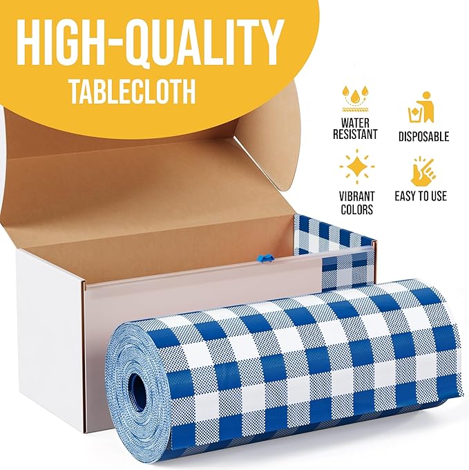 Party Solids 54 Inch X 100 Feet Blue Gingham Plastic Table Cover Roll in A Cut - to - Size Box with Convenient Slide Cutter. Cuts Up to 12 Rectangle 8 Feet Plastic Disposable Tablecloths