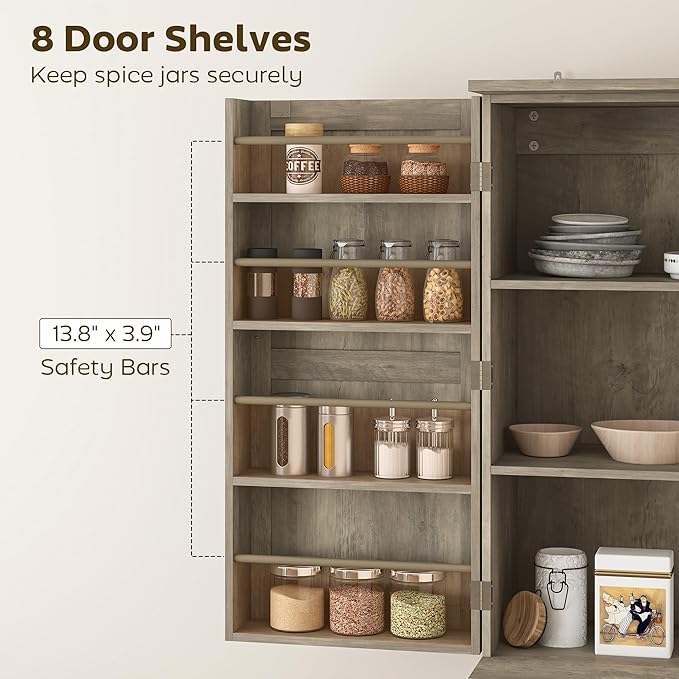 HOMCOM 72" Farmhouse Kitchen Pantry Cabinet, Freestanding Tall Storage Cabinet with 4 Barn Doors, 4 Adjustable Shelves and 8 Door Shelves, Gray Wash
