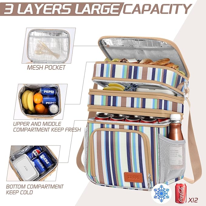 ZRSUN Insulated Lunch Bag for Women Men, Reusable 3 Layers Lunch Box Women, Expandable Reusable Water-resistant Lunch Box for Work Travel Office Picnic Hiking (Stripe)