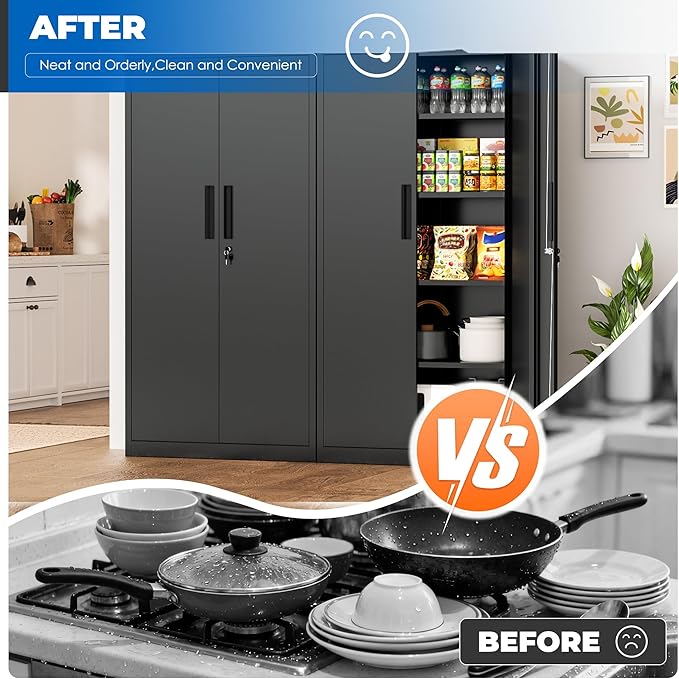 INTERGRAET 63" Tall Pantry Cabinet,Kitchen Pantry Storage Cabinets with 2 Doors and 4 Shelves,Black Metal Storage Cabinet,Cupboard for Home,Kitchen,Living Room/Dining
