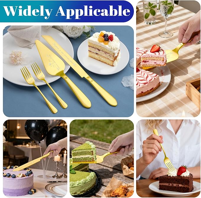 Cake Cutting Set for Wedding, Elegant Cake Knife and Server Set with Stainless Steel Forks, Cake Cutter and Pie Spatula for Couples Wedding Registry, Engagements, Anniversary, 4 Pcs, Gold