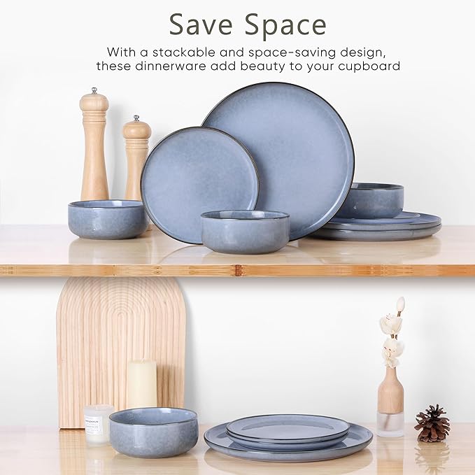 Herogo 6-Piece Stoneware Dinnerware Sets for 2, Stackable Dinner Plates and Bowls Sets, Double Reactive Glaze Dishware Place Setting for Kitchen, Scratch Resistant, Microwave Safe, Haze Blue