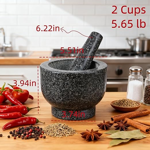 Heavy-Duty Mortar and Pestle Set, 2-Cup Granite Material, with Non-Slip Base, 5.51-inch Mexican Grinder, for Grinding Spices and Seeds, Seasoning and Spice Tool (Speckled Gray, 2Cup)