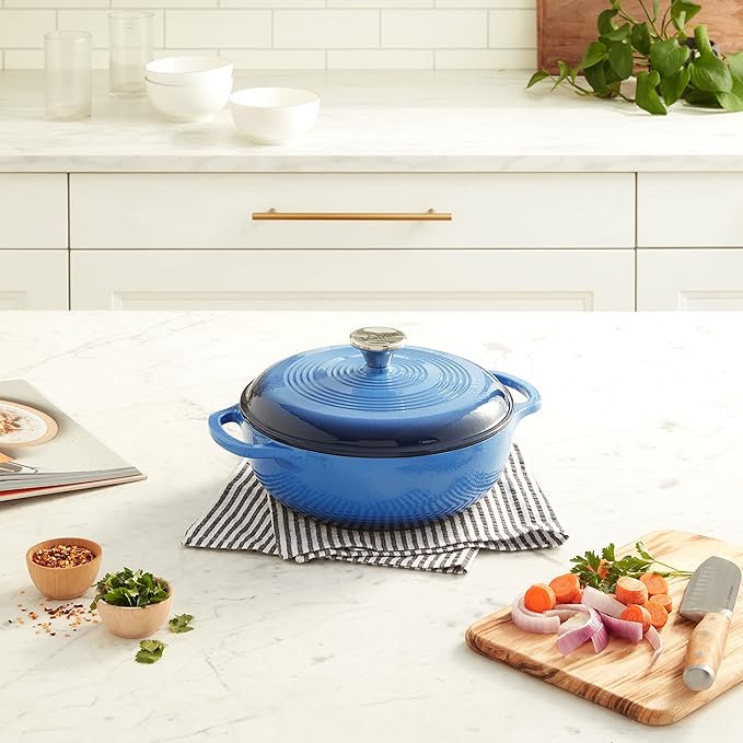 Lodge 3 Quart Enameled Cast Iron Dutch Oven with Lid ??Dual Handles ??Oven Safe up to 500째 F or on Stovetop - Use to Marinate, Cook, Bake, Refrigerate and Serve ??Caribbean Blue