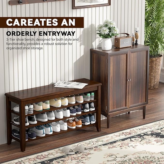 Taitiy Shoe Rack Bench with Rubberwood Flat Top and 3 Adjustable Shelves ??Wooden Shoe Rack for Entryway, Hallway, Mudroom, Front Door, or Small Spaces