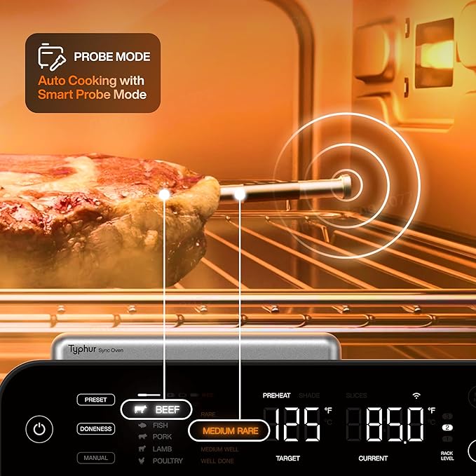 Typhur Sync Oven with Smart Wireless Meat Thermometer Probe, 12?멼n?? Countertop Air Fryer Toaster Oven Combo, 360째 Turbo Convection, Dehydrator, Recipes & 5 Accessories, Large 27QT, Stainless Steel