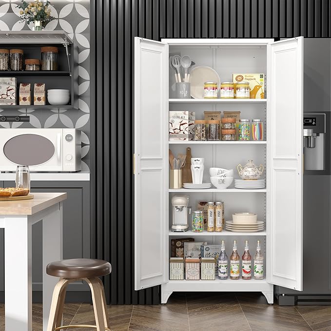 Kitchen Pantry Cabinet,75?쓂hite Metal Storage Cabinets with Doors and 4 Adjustable Shelves,Kitchen Cabinet with 2 Gold Handles,Tall Cabinet for Livingroom,Pantry, Bathroom