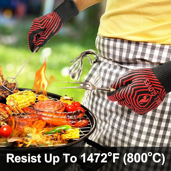QUWIN BBQ Gloves, BBQ Accessories 1472??Extreme Heat Resistant, Grilling Gloves Silicone Non-Slip Oven Mitts, Kitchen Gloves for BBQ, Grilling, Cooking, Baking-1 Pair 11inch, Red