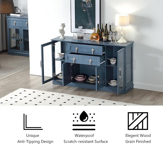 Storage Cabinet Set,Three Different cabinets with Glass Doors Fulfilling All Needs for Storage and Showcase,for Kitchen,a Pantry+Large Sideboard+Small Buffet Cabinet (Blue)