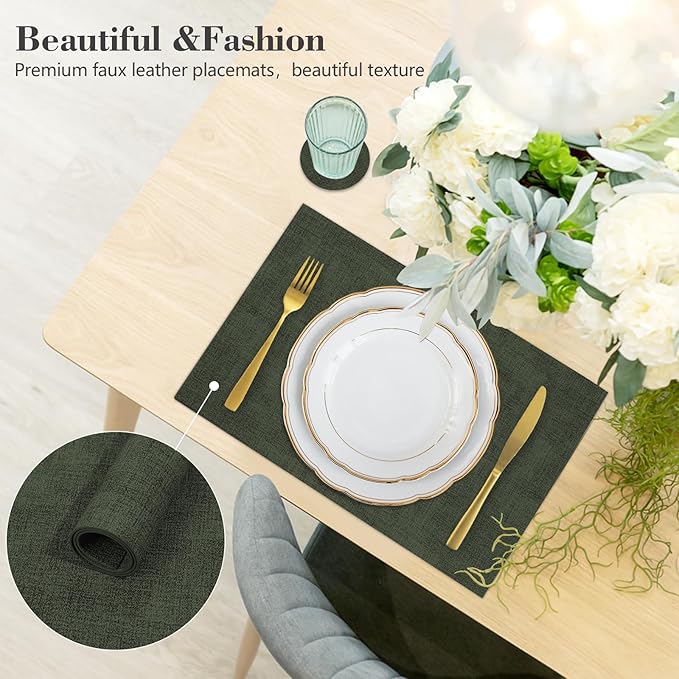 JUCCWARM Faux Leather Placemats Set of 6,Heat Resistant Placemats for Dining Table, Easy Clean Non-Slip Place Mats, Waterproof Stain Resistant Wipeable Washable PU Table Mats, (Dark Green)