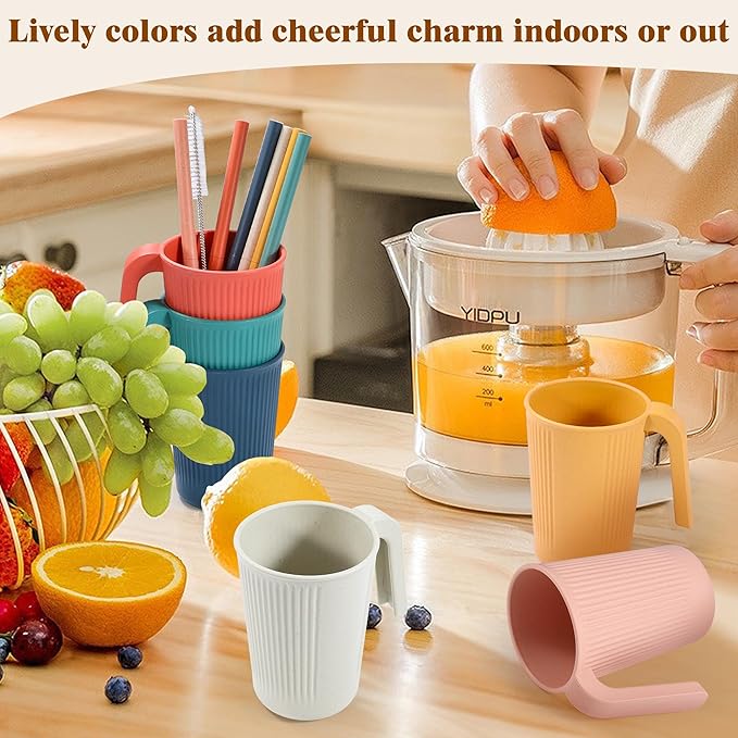 Wheat Straw Coffee Mugs 6-Pack??Unbreakable & Lightweight Cups, 12oz Stackable Cups with 6 Detachable Straws & 2 Cleaning Brushes (Colorful, 12, Fluid Ounces)