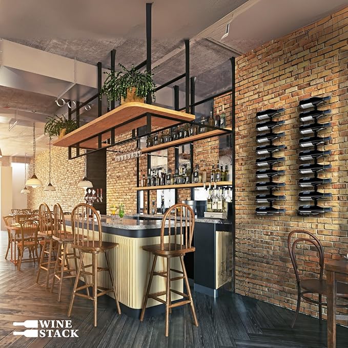 9-Bottle Black Metal Wall Mounted Wine Rack ??Modern Industrial Wine Bottle Storage Organizer for Home Bar, Kitchen, Dining Area & Wine Cellar