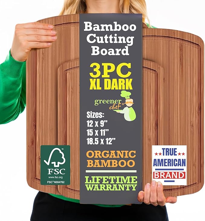 Organic Bamboo Cutting Board Set with Lifetime Replacements - 3pc Non Toxic Wood Chopping Board for Charcuterie, Meat, Vegetables and Fruits - Ideal Kitchen Gifts for Home Chefs