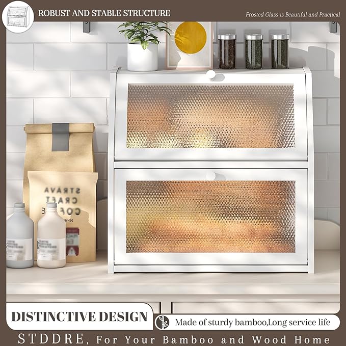 Bread Box for Kitchen Countertop Bin Double Layer Bread Box Storage Container Extra Large Capacity with Diamond Pattern Windows (White, Extra Large)