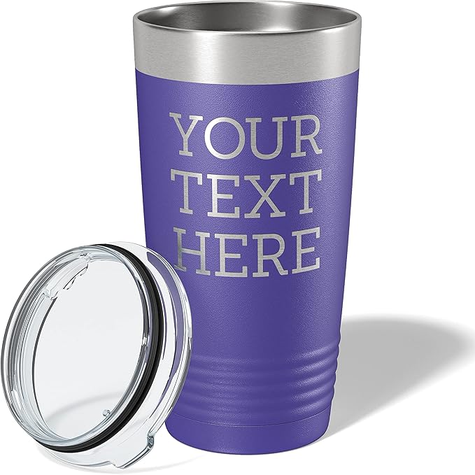Personalized 20oz (17 Colors) Powder Coated Insulated Stainless Steel Tumbler with Lid, Custom Etched, Customized Text Message Name, Engraved Gift Idea Women Men Him Her, Your Text Here (Purple)