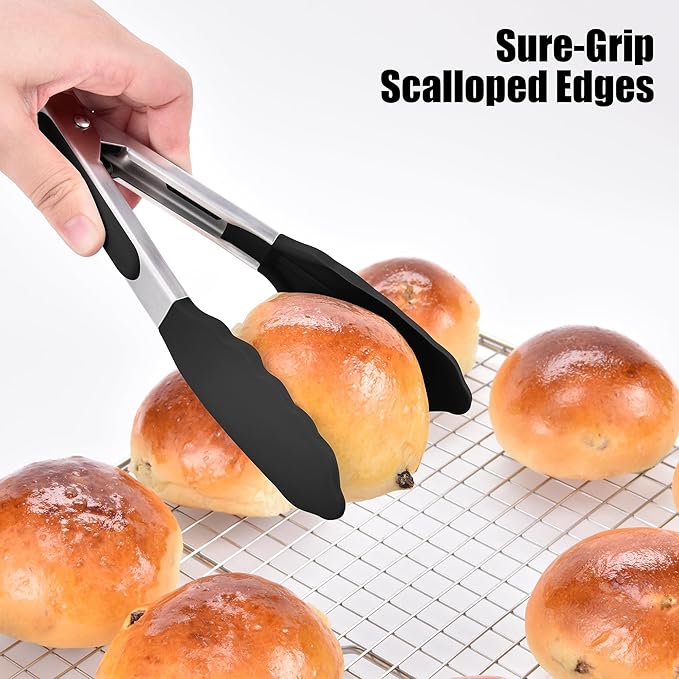 Doosu Kitchen Tongs for Cooking - 600째F Heat Resistant Food Tong with Non-Scratch Silicone Tips, Heavy Duty Stainless Steel Locking Tong for BBQ, Grilling Steak, Serving Salad, Pasta (7in, Black)