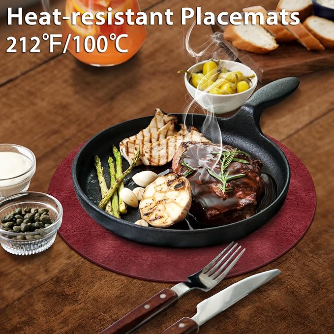 ADRIMER Placemats, Heat Resistant Round Placemats Set of 4 Washable, Waterproof Table Mats, Wipeable Faux Leather Place Mats for Kitchen, Dining Room, Wine Red