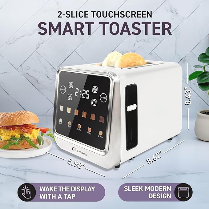 Inspirex Touch Screen Toaster - 2 Extra Wide Slots - 5 Bread Types and 6 Browning Levels - Defrost, Reheat, Favorite, & Single Slot Modes - For Toast, Bagels, & Waffles ??White