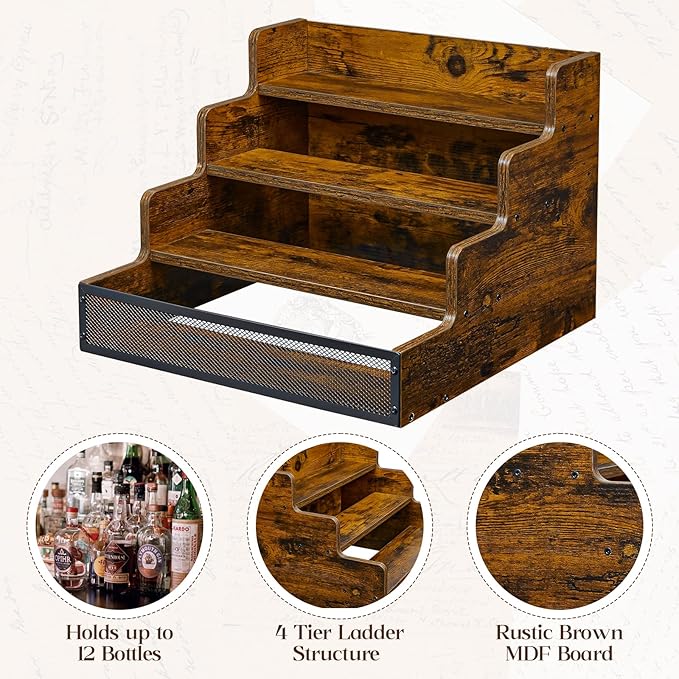 4 Step Countertop Liquor Bottle Display Shelf, Wood Bar Shelves 16 Bottles with Fences, Freestanding Storage Shelves for Liquor Whiskey Wine Coffee Syrup Display, Retro Wine Rack Home