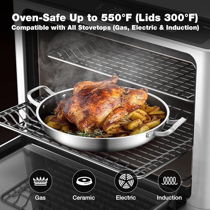 Tri-Ply Stainless Steel Paella Pan Large Saute Pan with Lid (Stainless Steel, Hybrid 13.5 INCH)