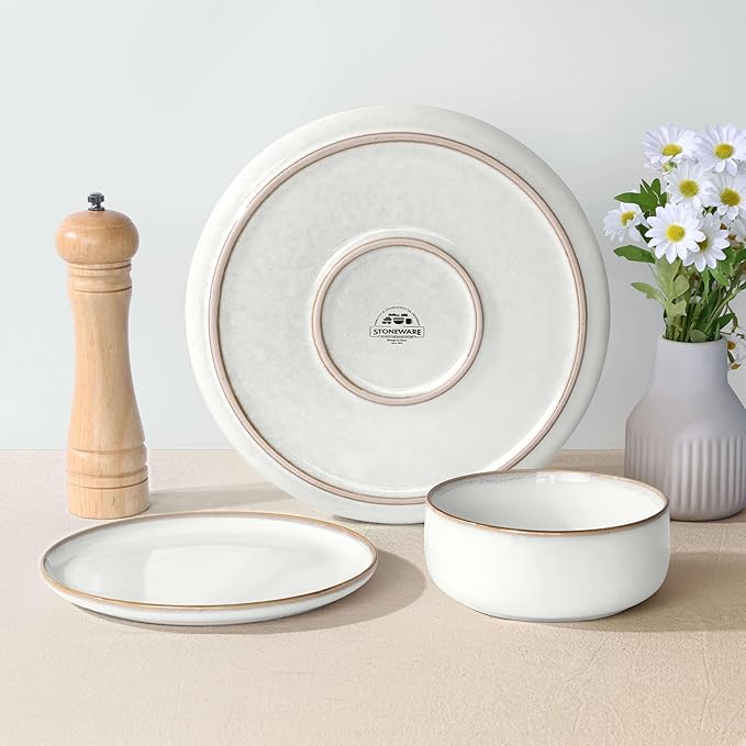 Herogo 16-Piece Dinnerware Set for 4, Ceramic Plates & Bowls Sets with Pasta Bowls, Double Reactive Glaze, Microwave & Dishwasher Safe, Chip Resistant, Ivory White