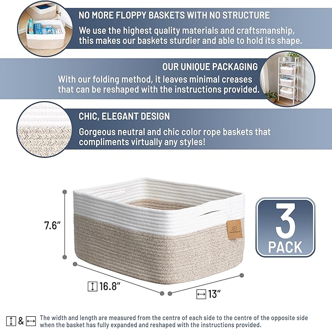 NaturalCozy Storage Baskets 16.8?쓝13?쓝7.6??Cotton Rope Woven Baskets for Organizing 3-Pack | Toy Storage Bins | Basket for Shelves, Laundry, Blanket, Clothes, Closet, Kitchen, Bathroom, Gifts